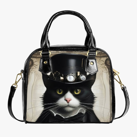 Steampunk Cat Shoulder Handbag - Steamcat Purse - Tuxedo Cat Fun Bag (JPHBSC)