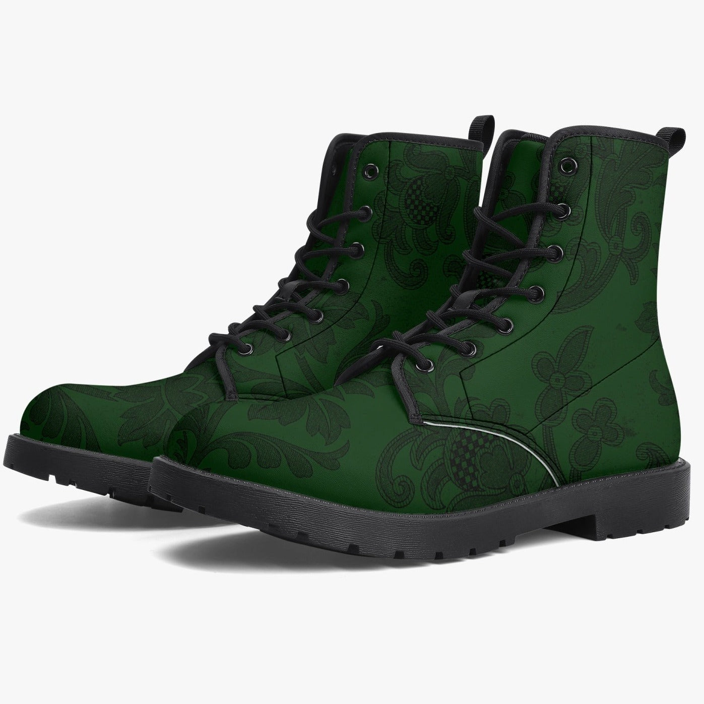 Dark Bottle Green Damask Pattern Vegan leather Combat Boots - Green Boots (JPREG38)