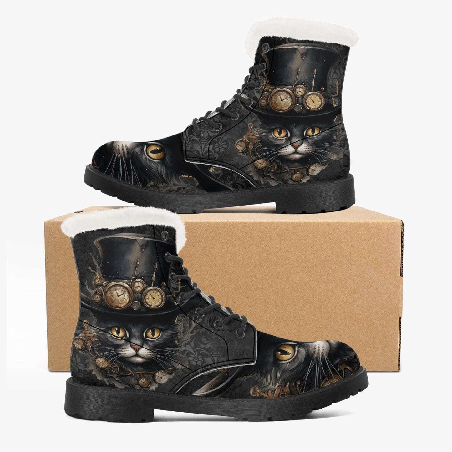 Steampunk Cat Faux Fur Combat Boots - Steamcat with Top Hat and Goggles (JPFBC)