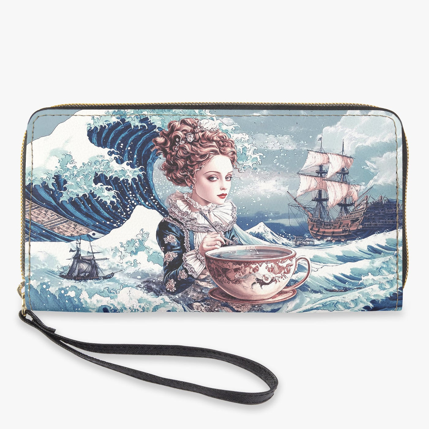 Wallet with a design of a woman holding a teacup and ships on a wave background