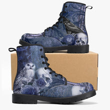 Load image into Gallery viewer, Gothic Skull and Raven Blue Vegan Leather Combat Boots  - Steampunk Blue Goth Boots (JPREG79a)
