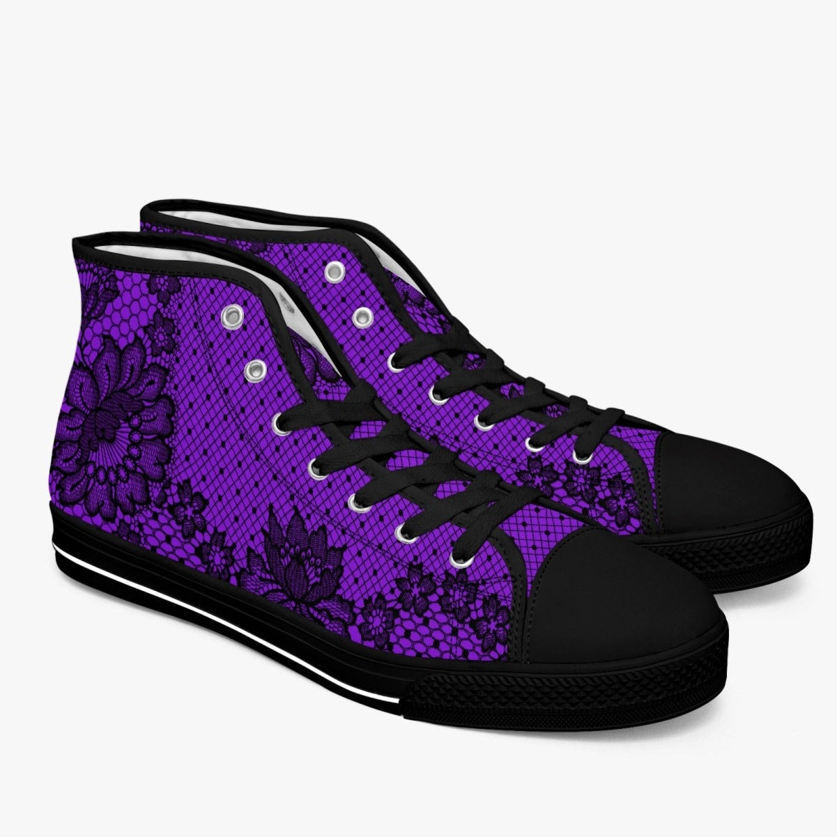 Purple Floral Lace Print Hi Top Sneakers (JPSNLAP)