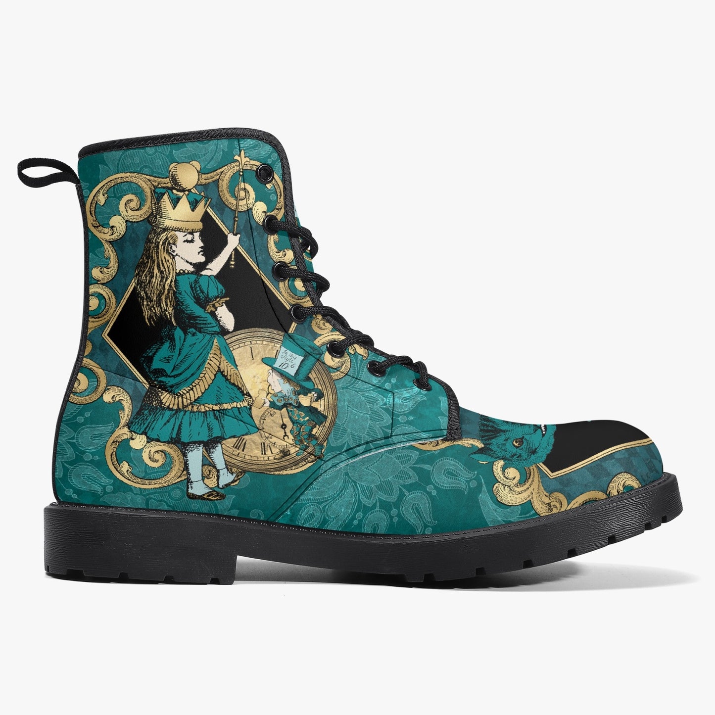 Alice In Wonderland Green and Gold Vegan Leather Combat Boots (JPREGAG1)