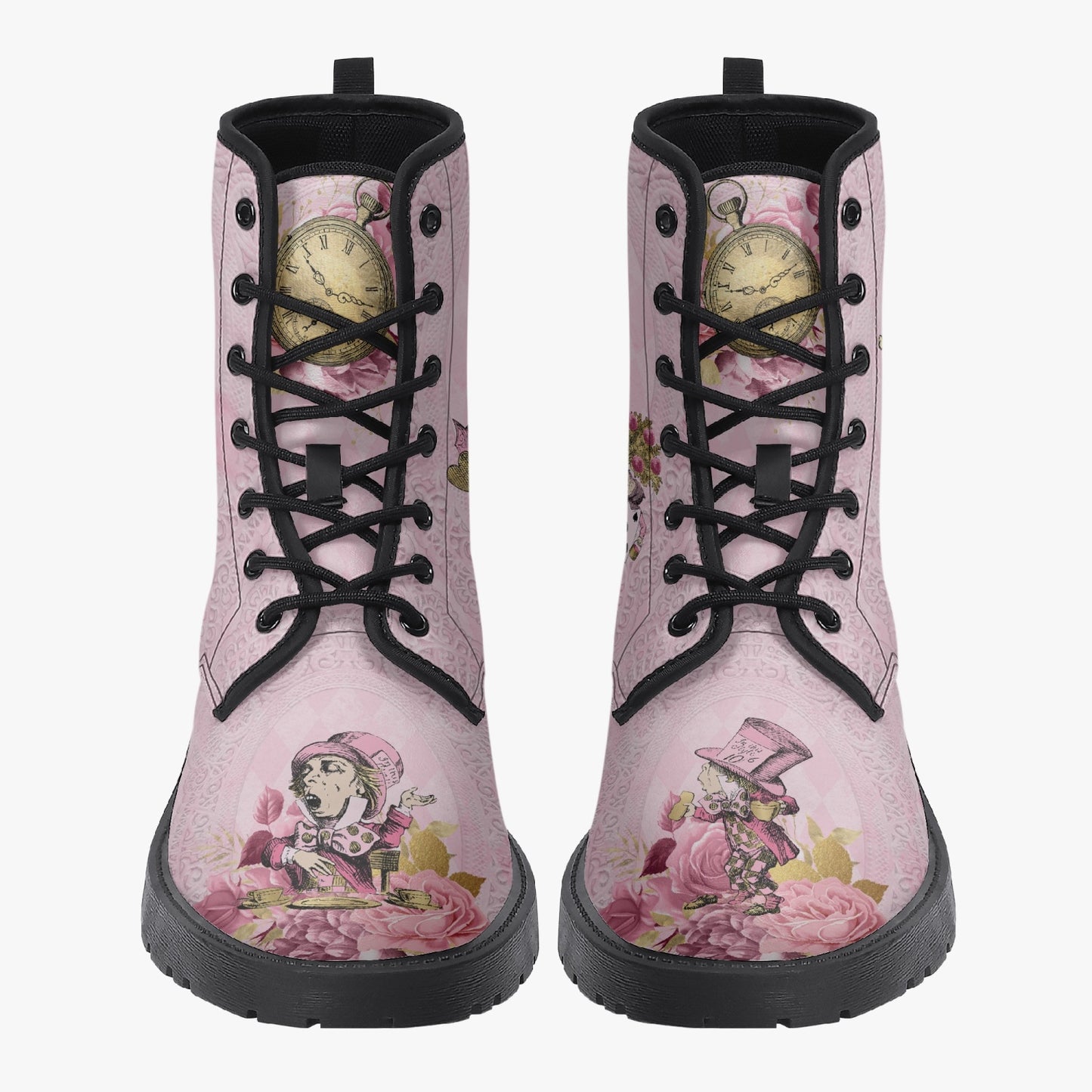 Alice in Wonderland Pink Vegan leather Combat Boots - Alice White Rabbit Festival Boots (JPREG103)