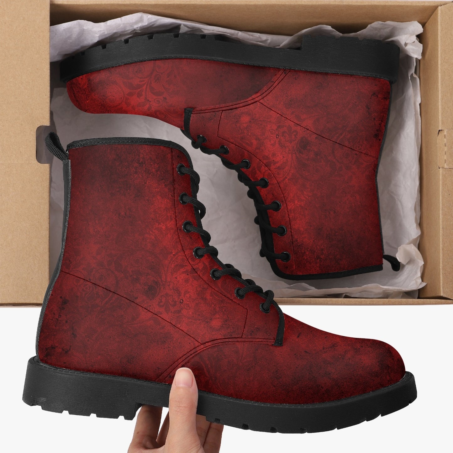 Red Gothic Grunge Vegan leather Combat Boots - Vegan Leather Red Goth Boots (JPREG95)