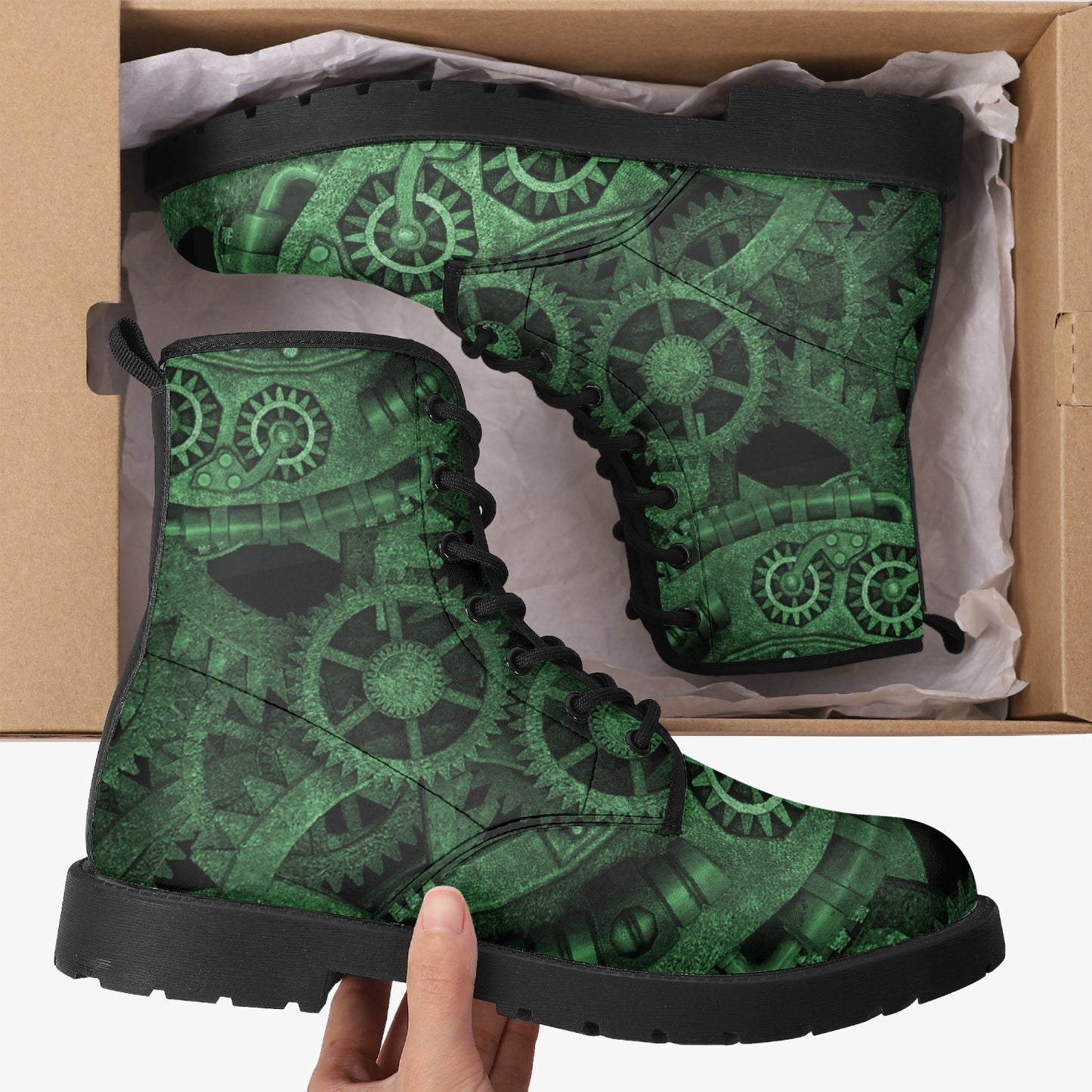 Steampunk Clockwork Gears Green Vegan leather Combat Boots - Vegan Leather Gothic Steampunk Boots - Dark Green Steampunk Boots (JPREG86)