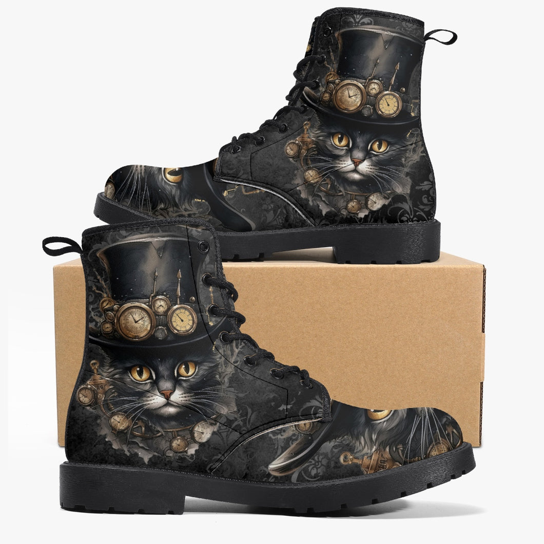 Steampunk Cat Black Combat Boots - Steamcat with Top Hat and Goggles (JPREGBC)