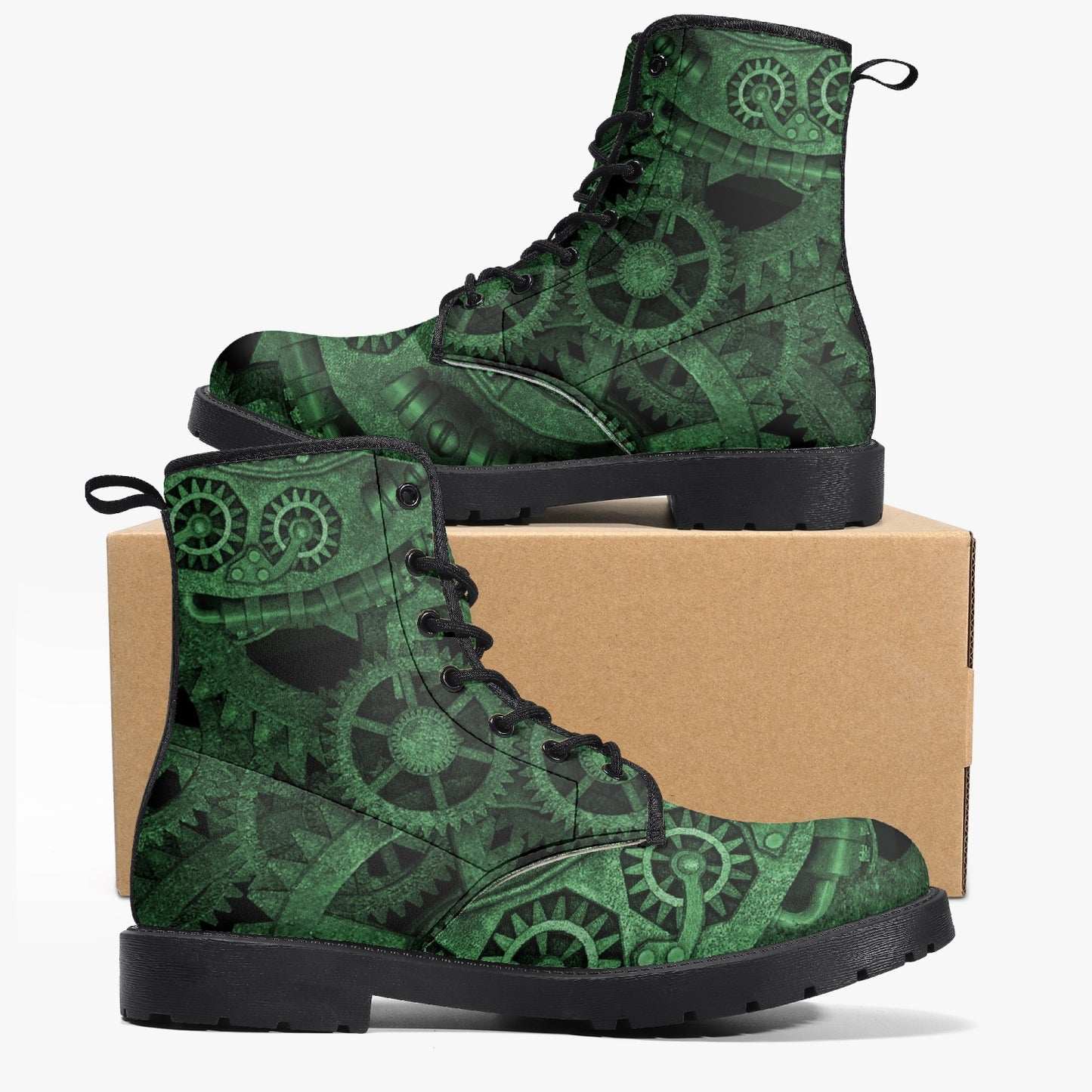 Steampunk Clockwork Gears Green Vegan leather Combat Boots - Vegan Leather Gothic Steampunk Boots - Dark Green Steampunk Boots (JPREG86)