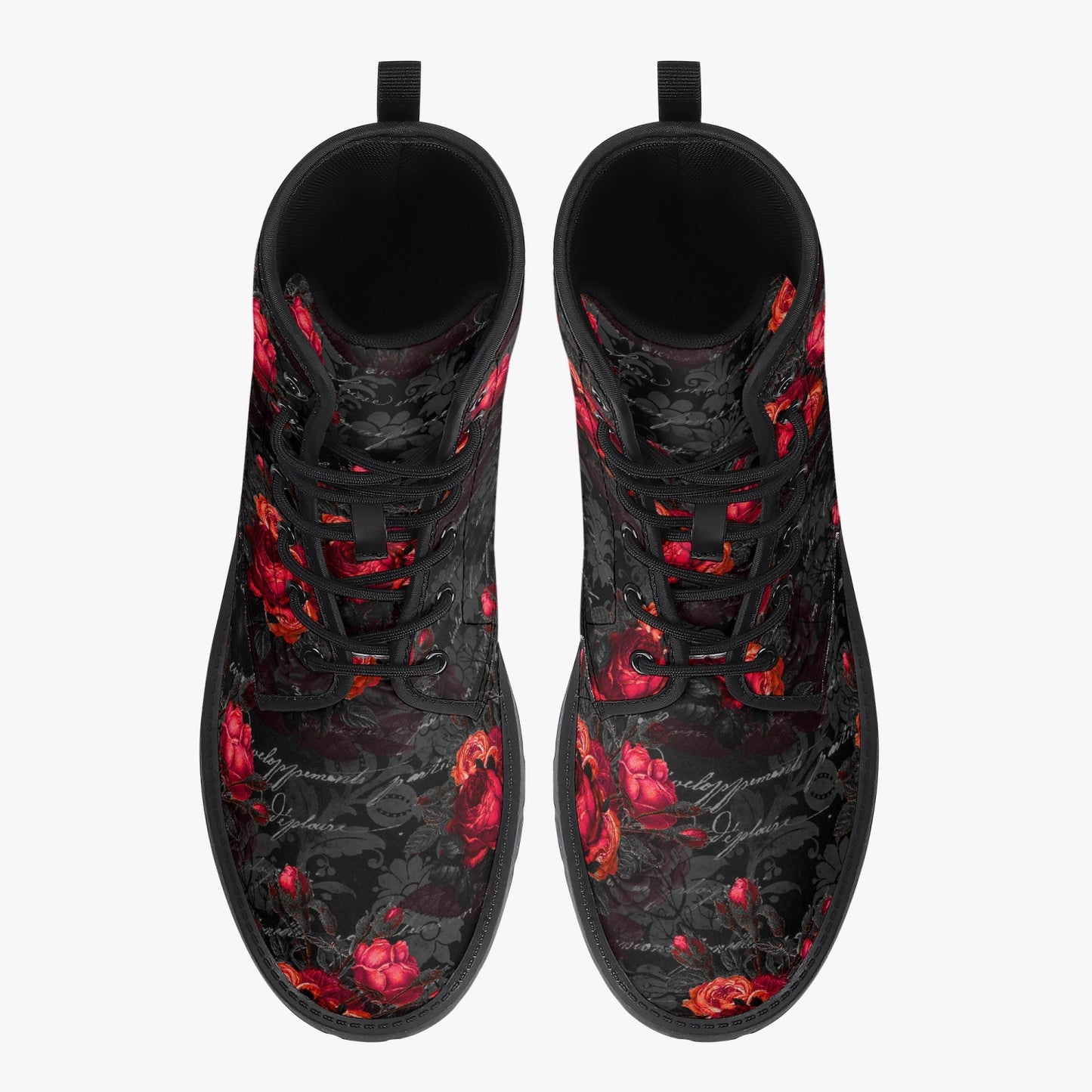 Red Roses and Writing Gothic Combat Boots -  Goth Rose Festival Boots (JPREG44)