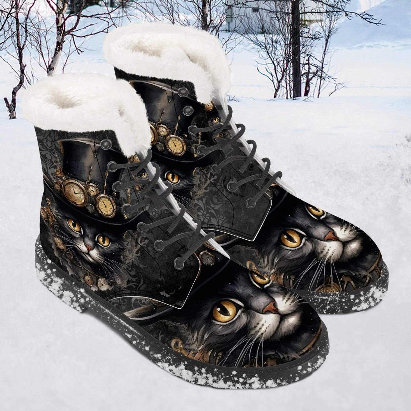 Steampunk Cat Faux Fur Combat Boots - Steamcat with Top Hat and Goggles (JPFBC)