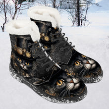 Load image into Gallery viewer, Steampunk Cat Faux Fur Combat Boots - Steamcat with Top Hat and Goggles (JPFBC)
