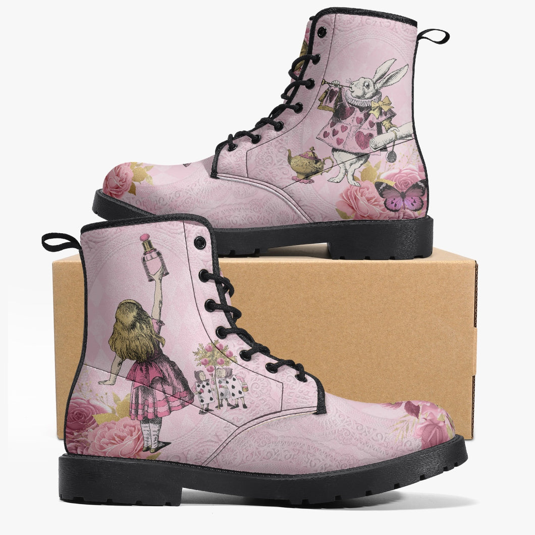 Alice in Wonderland Pink Vegan leather Combat Boots - Alice White Rabbit Festival Boots (JPREG103)