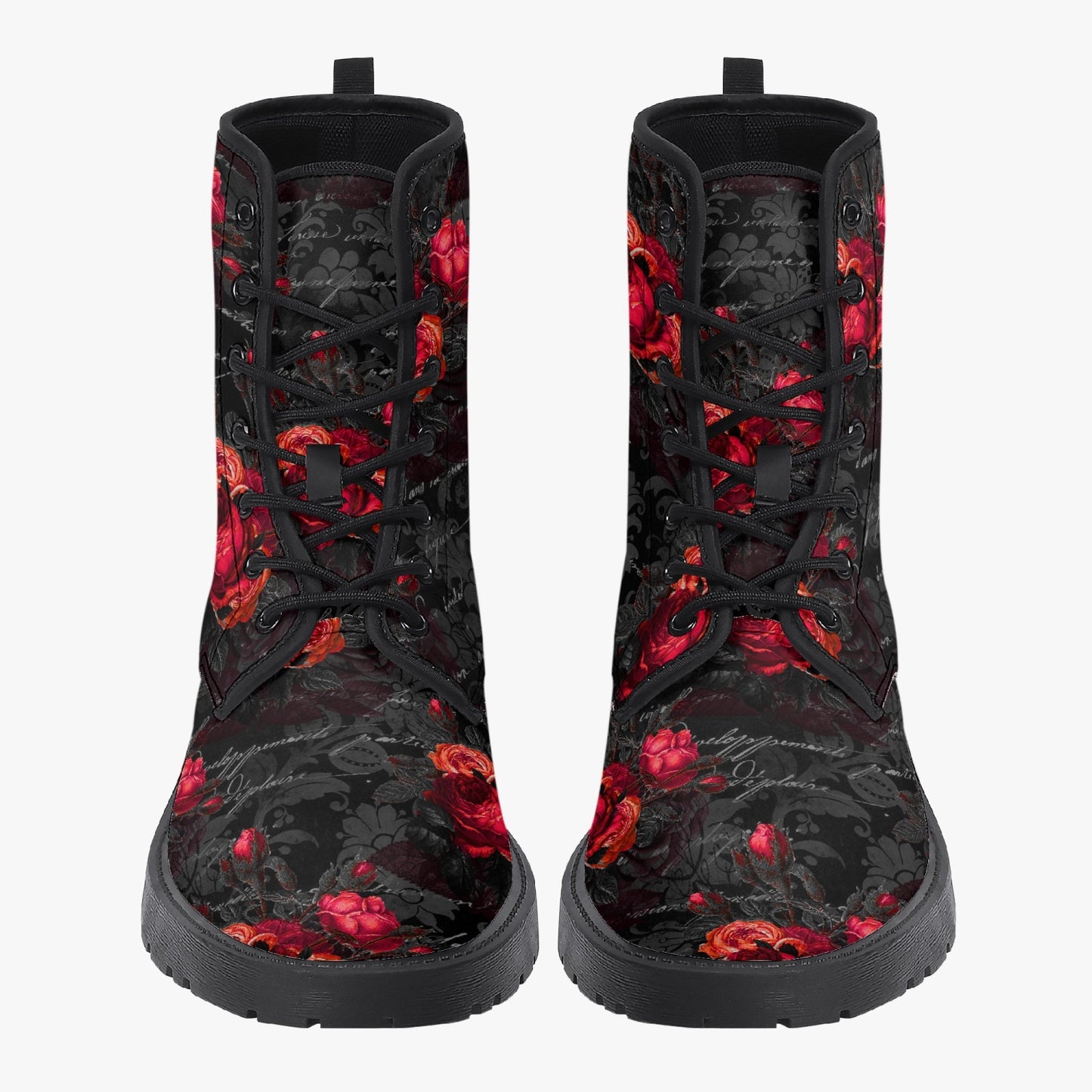 Red Roses and Writing Gothic Combat Boots -  Goth Rose Festival Boots (JPREG44)