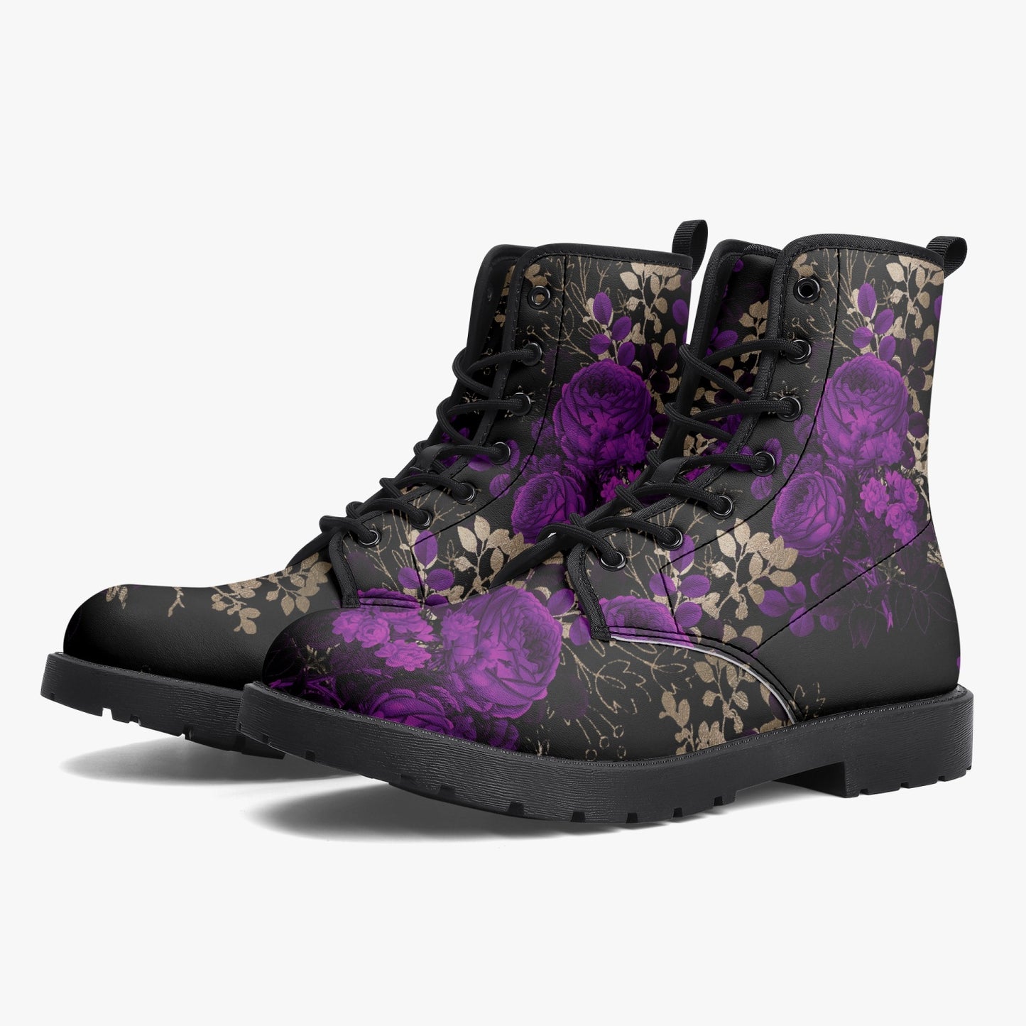 Purple Roses Floral Black Vegan leather Combat Boots - Vegan Leather Floral Boots (JPREGPR1)