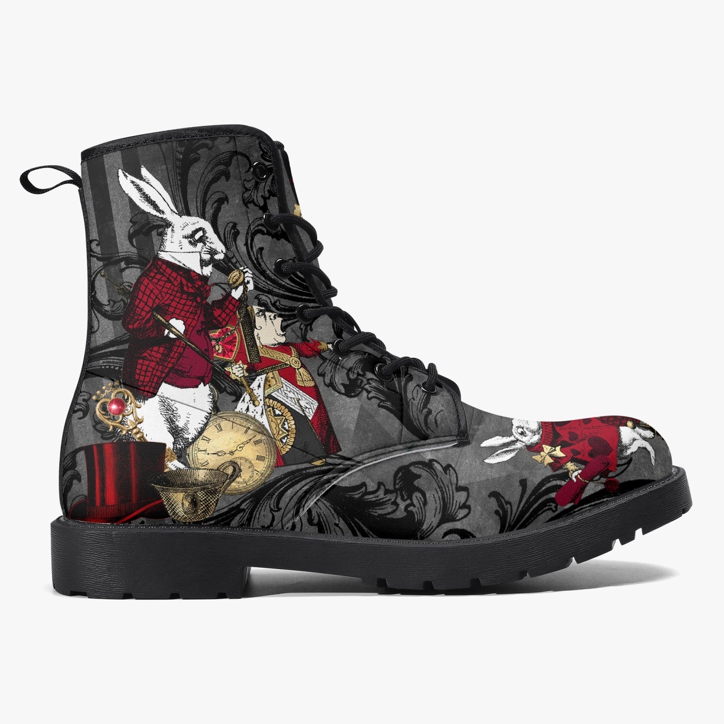 Alice in Wonderland Gothic Red and Gold Black Vegan Leather Combat Boots - Through the Looking Glass Gothic Boots (JPREG83)