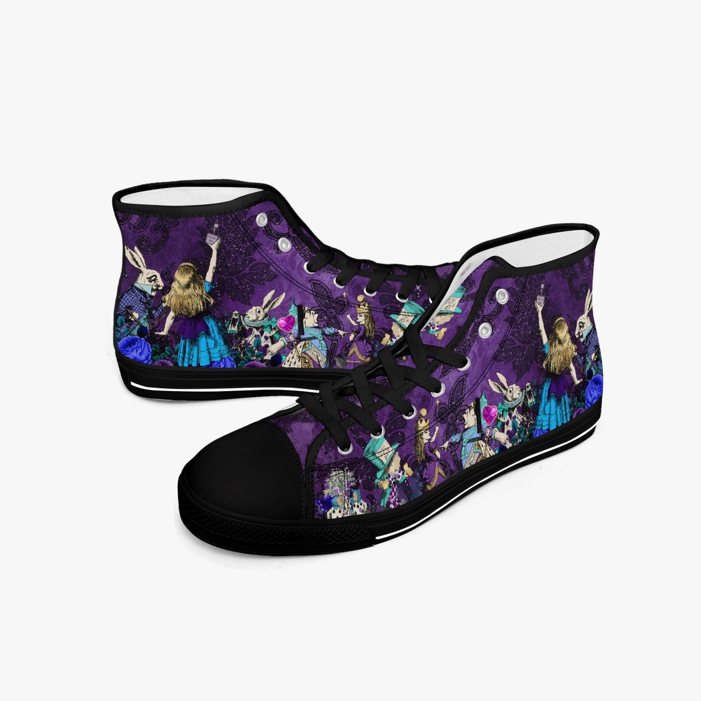 Alice in Wonderland Gothic Alice high top womens sneakers  - The White Rabbit and Alice sneakers - Vivid Purple and Turquoise (JPSNDA2)