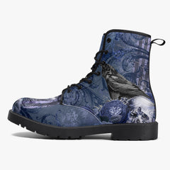 Gothic Skull and Raven Blue Lace Up Combat Boots  - Steampunk Blue Goth Boots (JPREG79a)