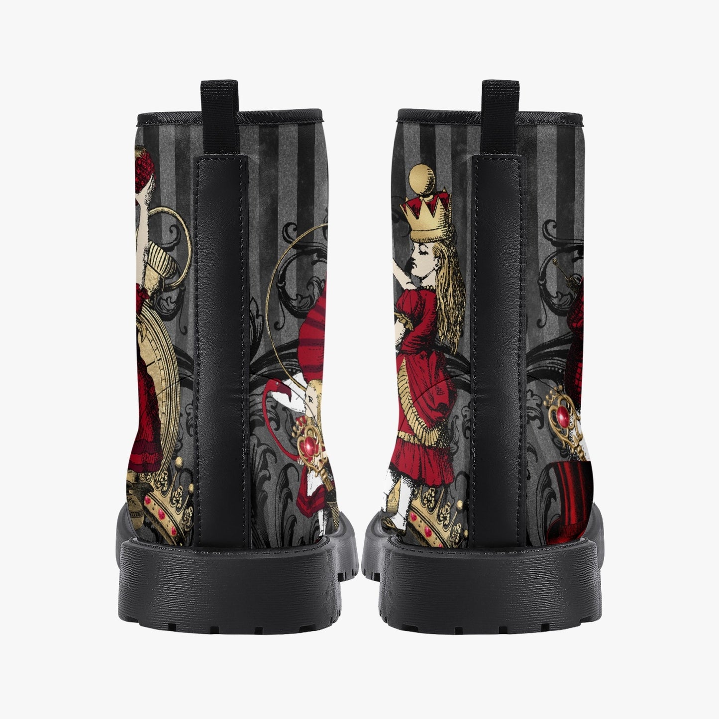 Alice in Wonderland Gothic Red and Gold Black Vegan Leather Combat Boots - Through the Looking Glass Gothic Boots (JPREG83)