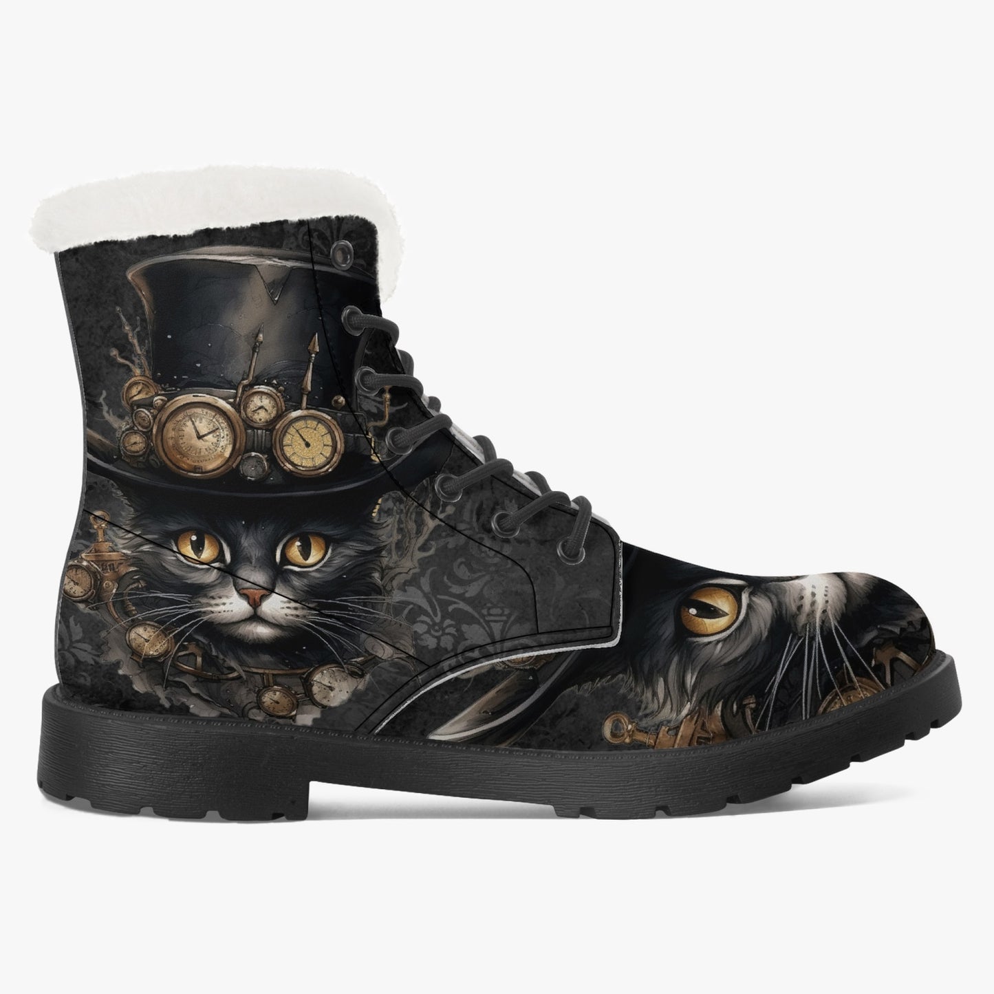 Steampunk Cat Faux Fur Combat Boots - Steamcat with Top Hat and Goggles (JPFBC)