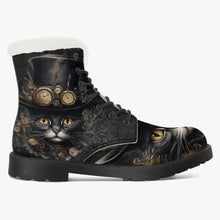 Load image into Gallery viewer, Steampunk Cat Faux Fur Combat Boots - Steamcat with Top Hat and Goggles (JPFBC)
