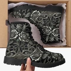 Black and Silver Filligree Roses Gothic Boots - (JPREGAISF)