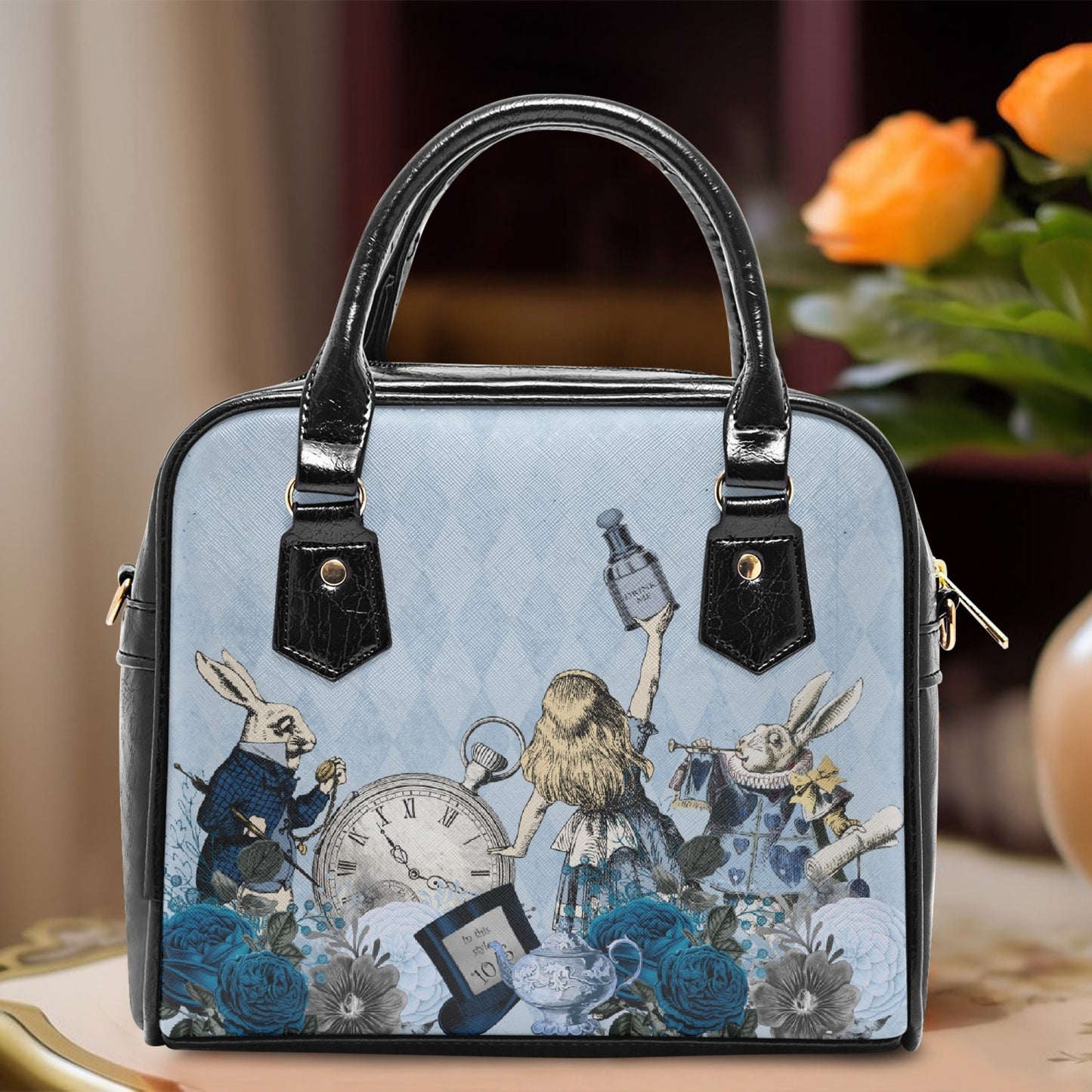 Alice in Wonderland Pastel Blue Handbag - Vegan Leather Alice in Wonderland Bag - Through the Looking Glass Gift (JPHBB)