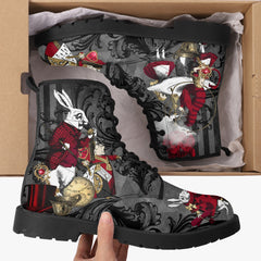 Alice in Wonderland Gothic Red and Gold Black Lace Up Combat Boots - Through the Looking Glass Gothic Boots (JPREG83)