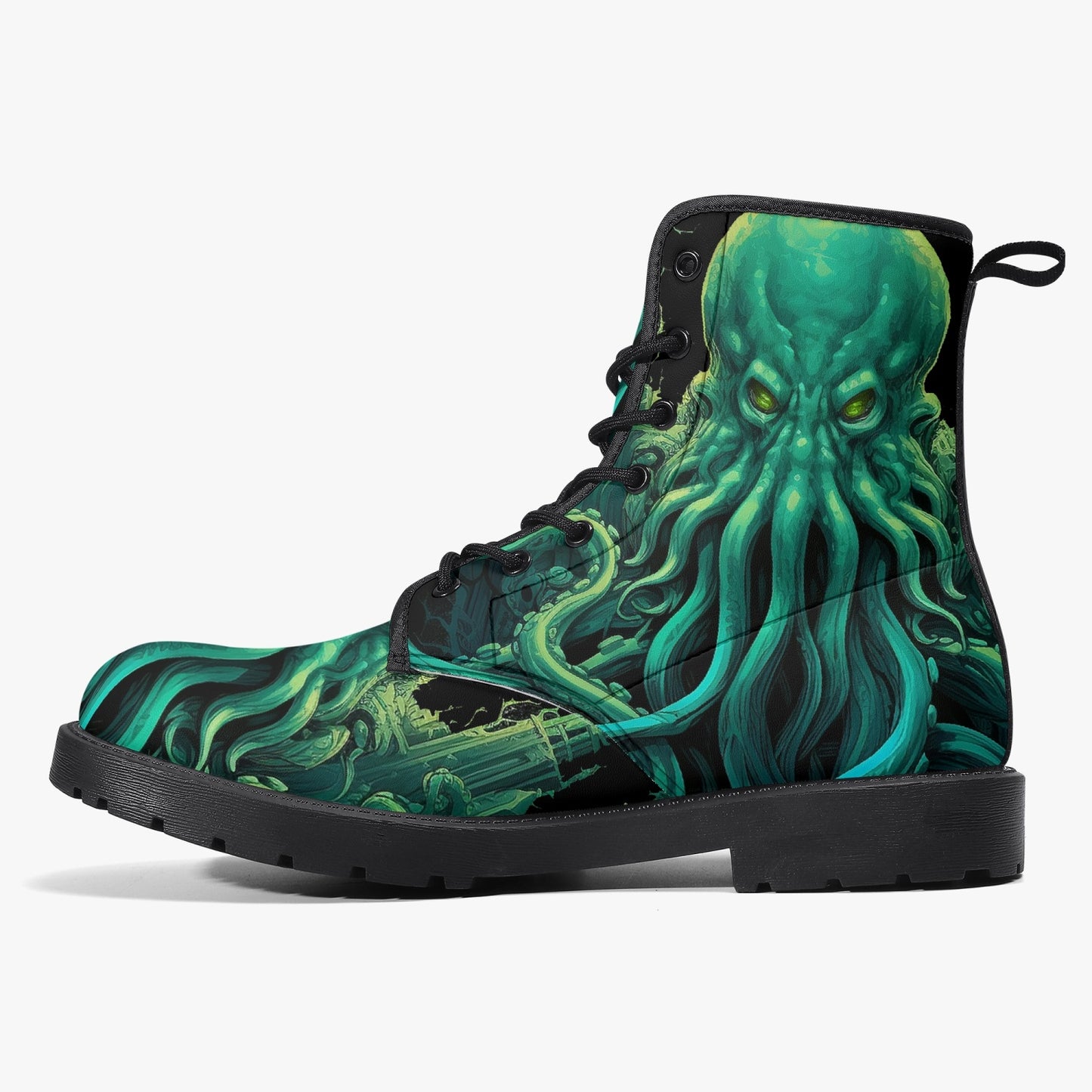 Cthulhu Victorian Horror Combat Boots - HP Lovecraft Sea Monster Green Boots (JPREGHP)