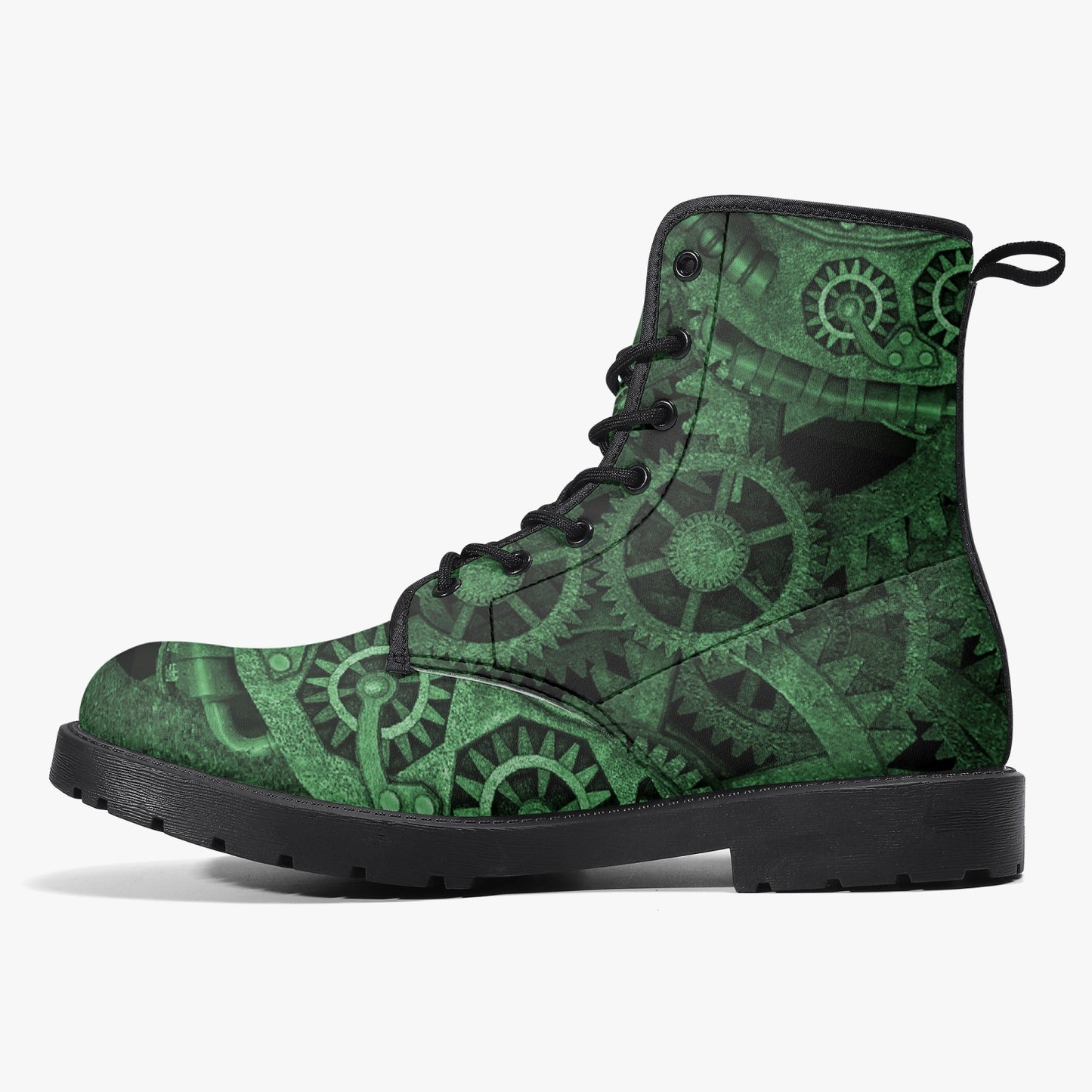 Steampunk Clockwork Gears Green Vegan leather Combat Boots - Vegan Leather Gothic Steampunk Boots - Dark Green Steampunk Boots (JPREG86)