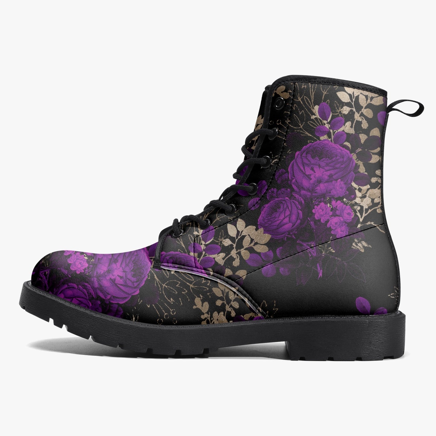 Purple Roses Floral Black Vegan leather Combat Boots - Vegan Leather Floral Boots (JPREGPR1)