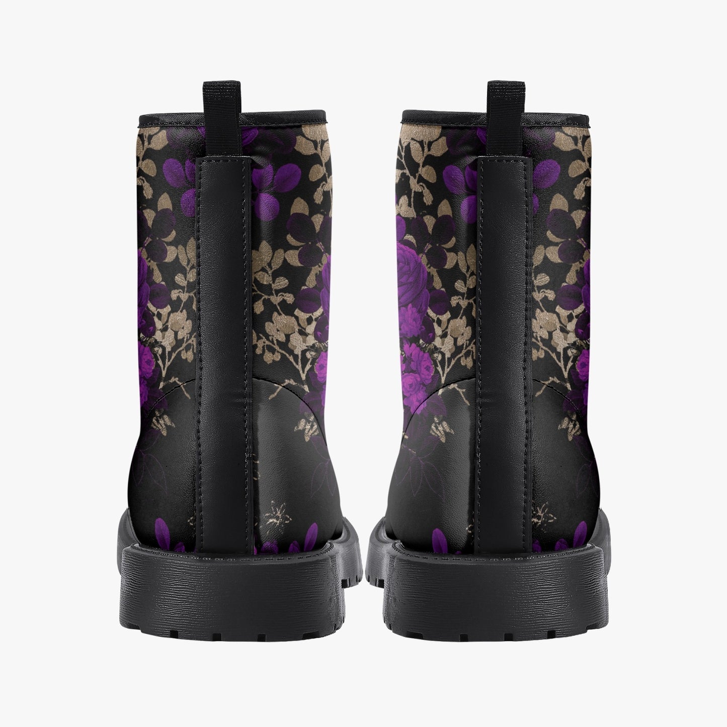 Purple Roses Floral Black Vegan leather Combat Boots - Vegan Leather Floral Boots (JPREGPR1)