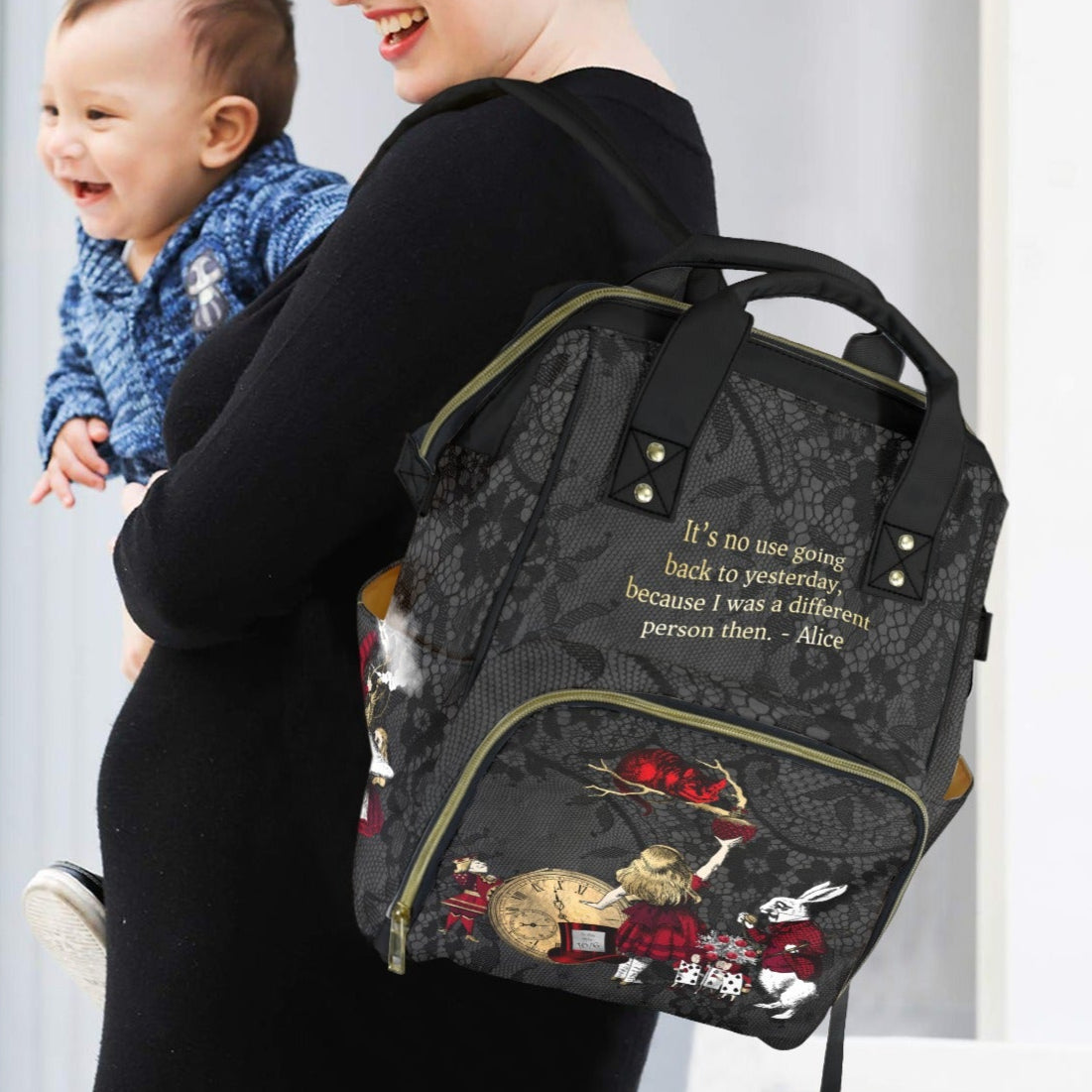 Alice in Wonderland Diaper bag - Black Red and Gold Nappy Bag