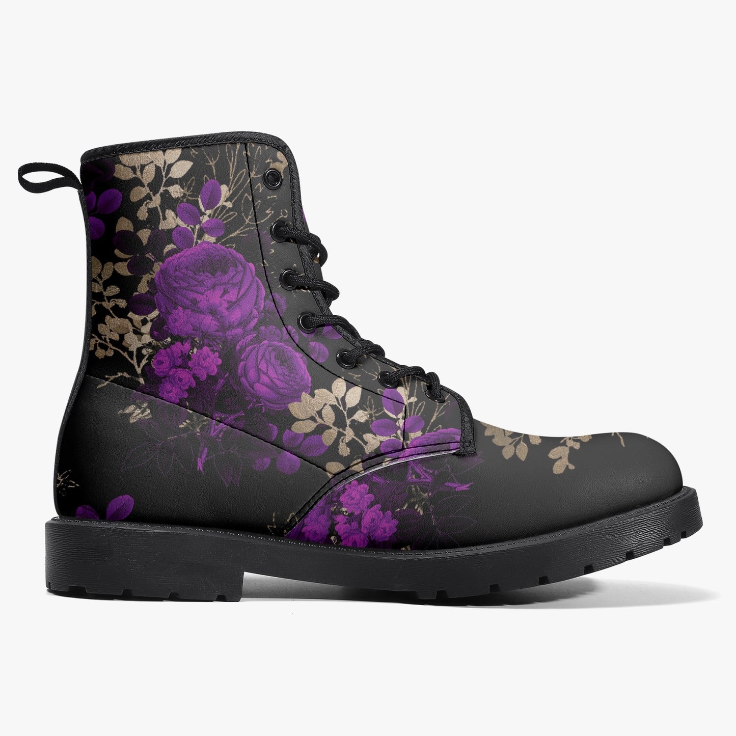 Purple Roses Floral Black Vegan leather Combat Boots - Vegan Leather Floral Boots (JPREGPR1)