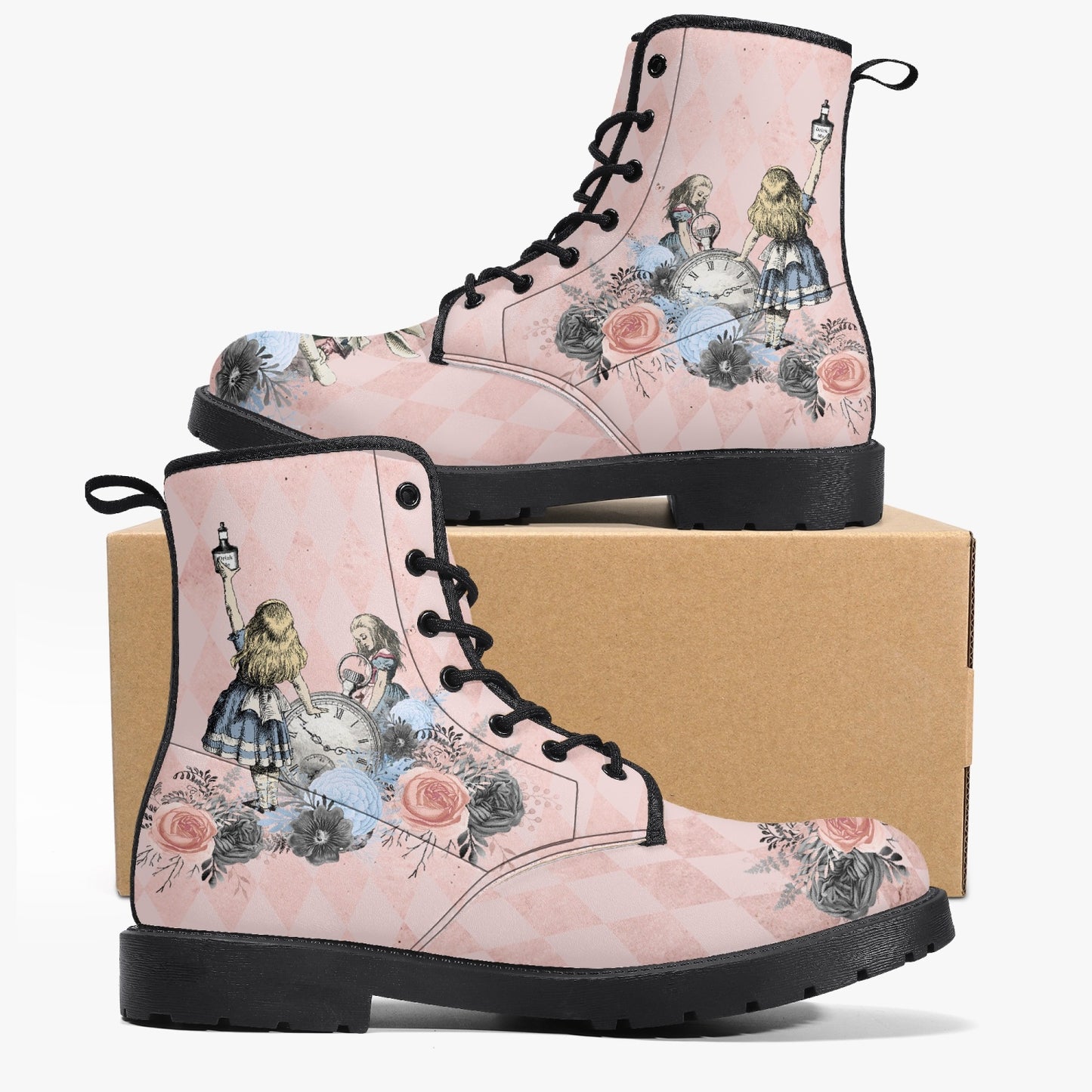 Alice in Wonderland Pink Combat Boots - Alice "Drink Me" Pastel Goth Festival Boots (JPREG5)