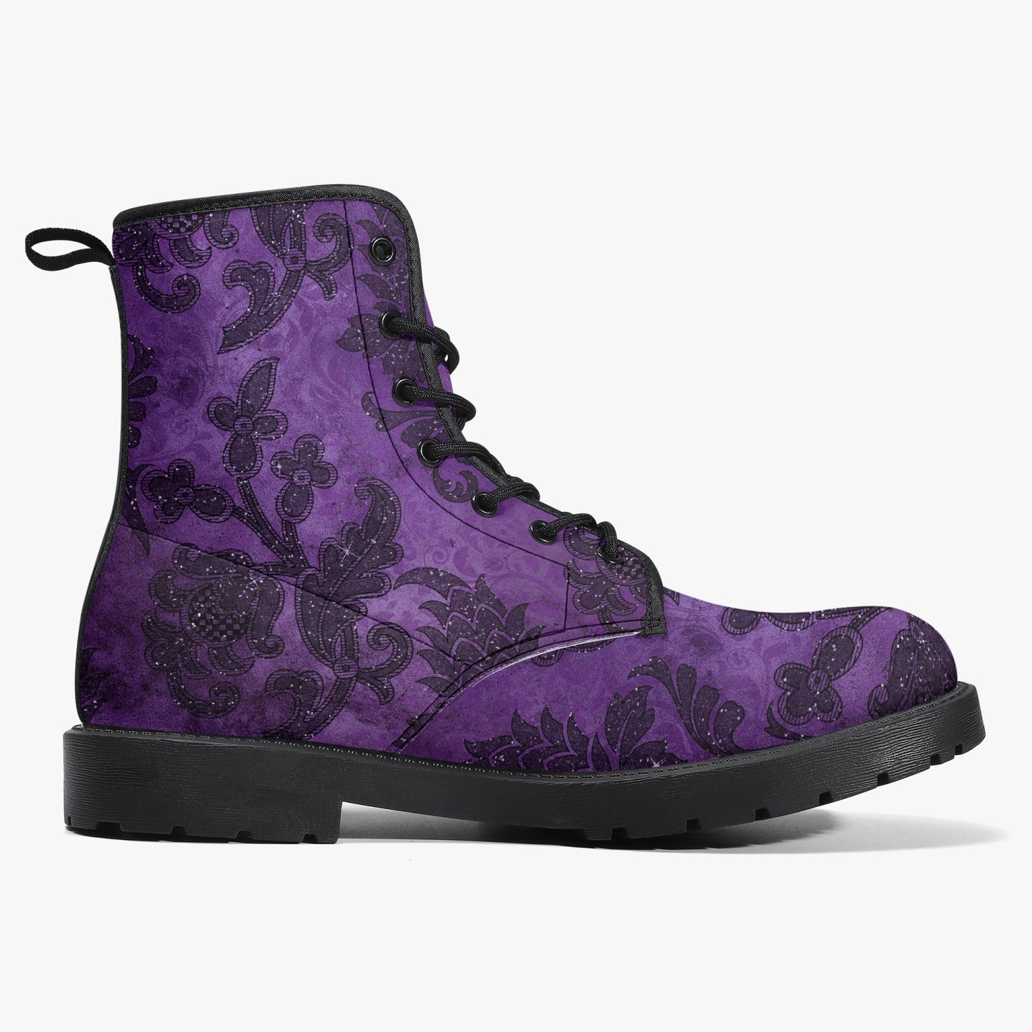 Purple Gothic Damask Pattern Combat Boots - Vegan Leather Purple boots (JPREG40)