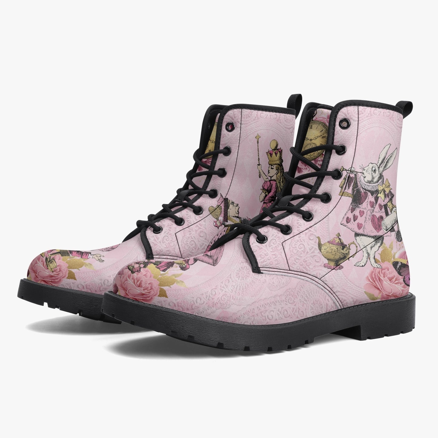 Alice in Wonderland Pink Vegan leather Combat Boots - Alice White Rabbit Festival Boots (JPREG103)