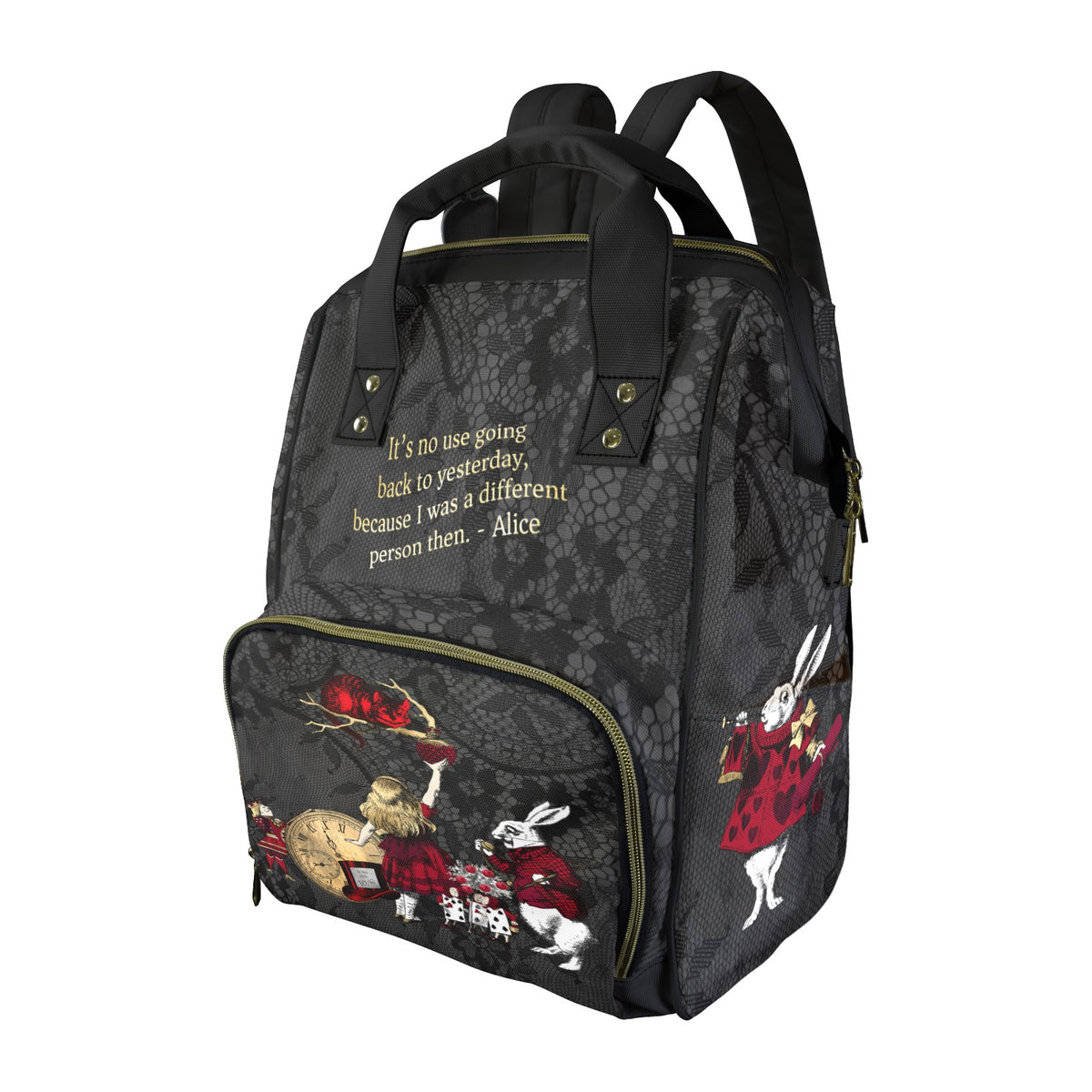 Alice in Wonderland Large Backpack Diaper Bag - Black Red and Gold Nappy Bag