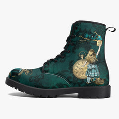 Alice In Wonderland Dark Green and Gold Lace Up Combat Boots (JPDGA1)