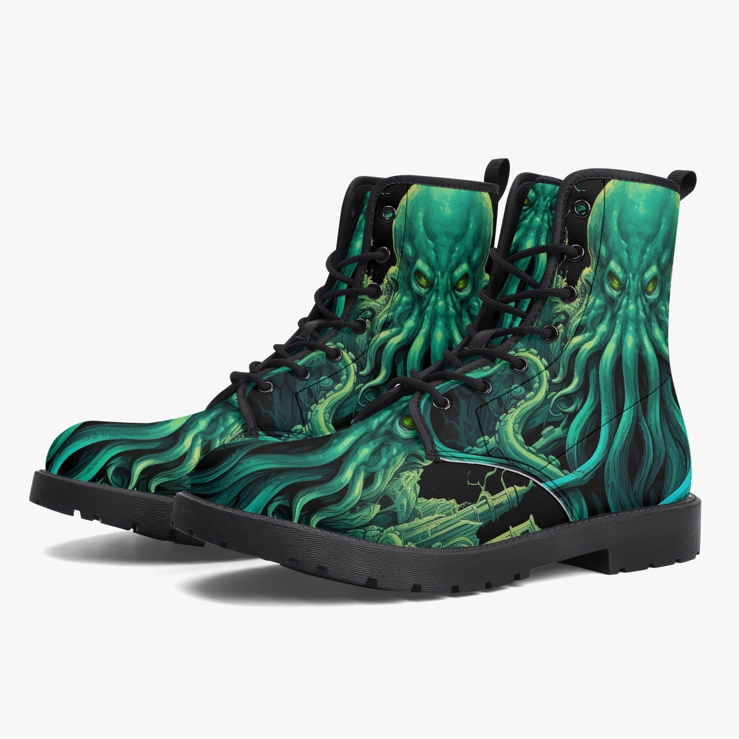 Cthulhu Victorian Horror Combat Boots - HP Lovecraft Sea Monster Green Boots (JPREGHP)