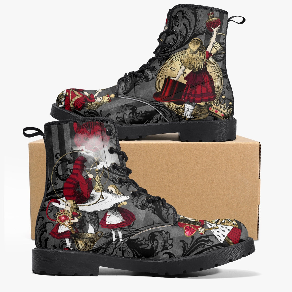 Alice in Wonderland Gothic Red and Gold Black Lace Up Combat Boots - Through the Looking Glass Gothic Boots (JPREG83)