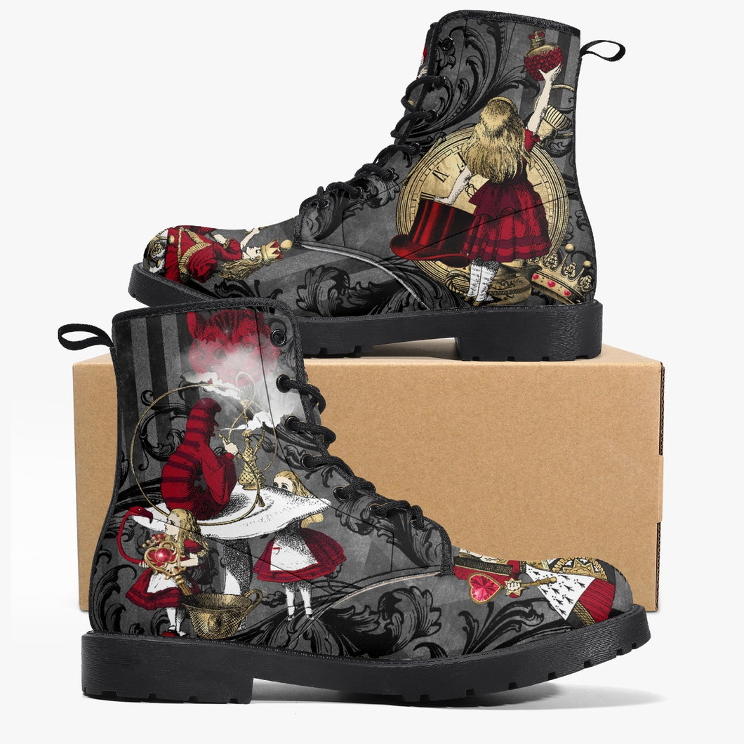 Alice in Wonderland Gothic Red and Gold Black Vegan Leather Combat Boots - Through the Looking Glass Gothic Boots (JPREG83)