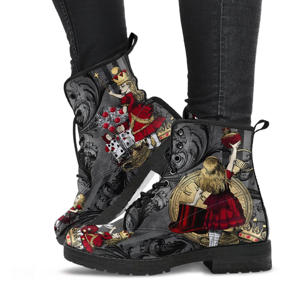 Alice in Wonderland Gothic Red and Gold Black Vegan Leather Combat Boots - Through the Looking Glass Gothic Boots (JPREG83)