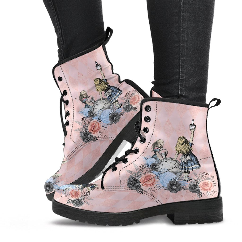 Alice in Wonderland Pink Combat Boots - Alice "Drink Me" Pastel Goth Festival Boots (JPREG5)