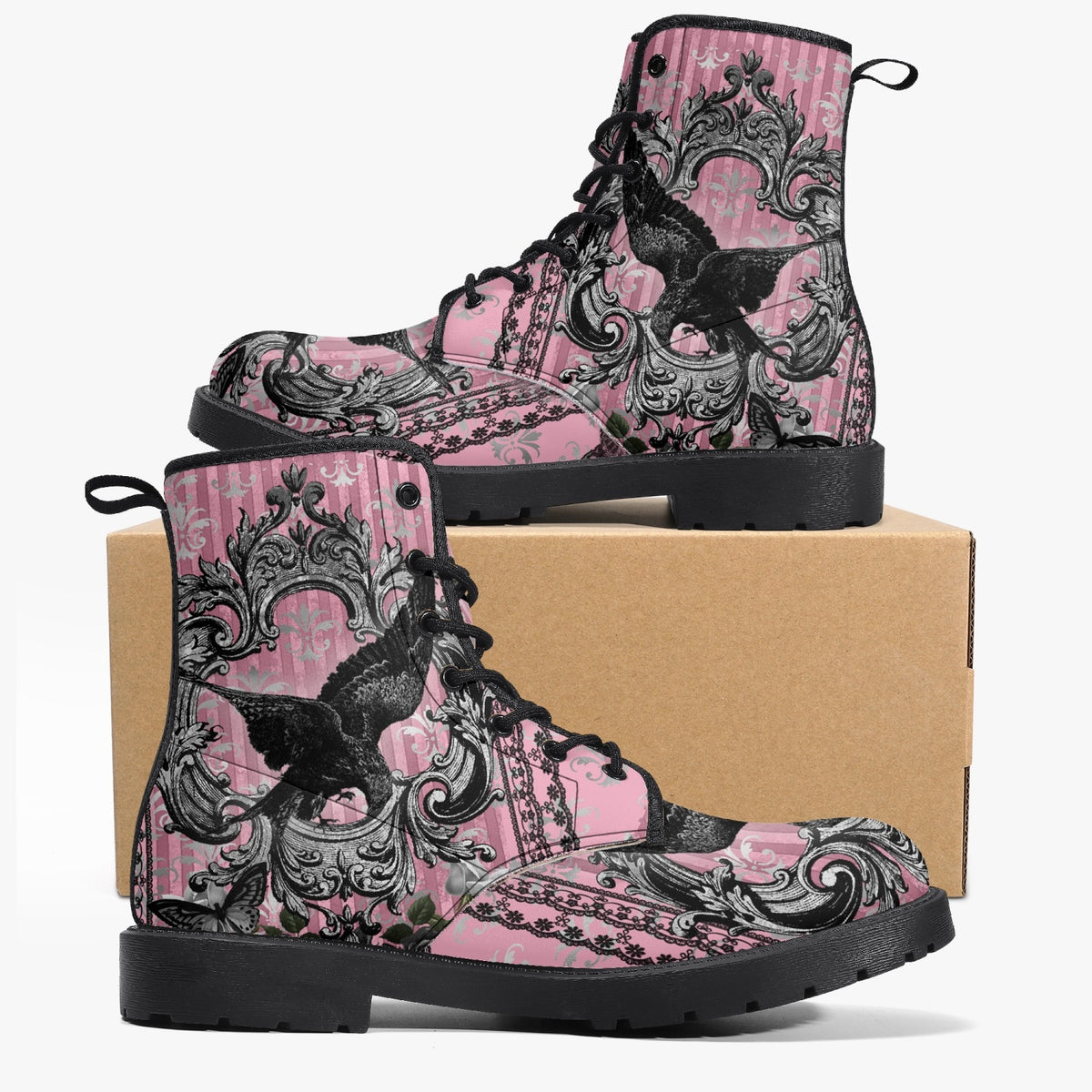 Gothic Raven Pink Lace Up Combat Boots -  (JPREG59)