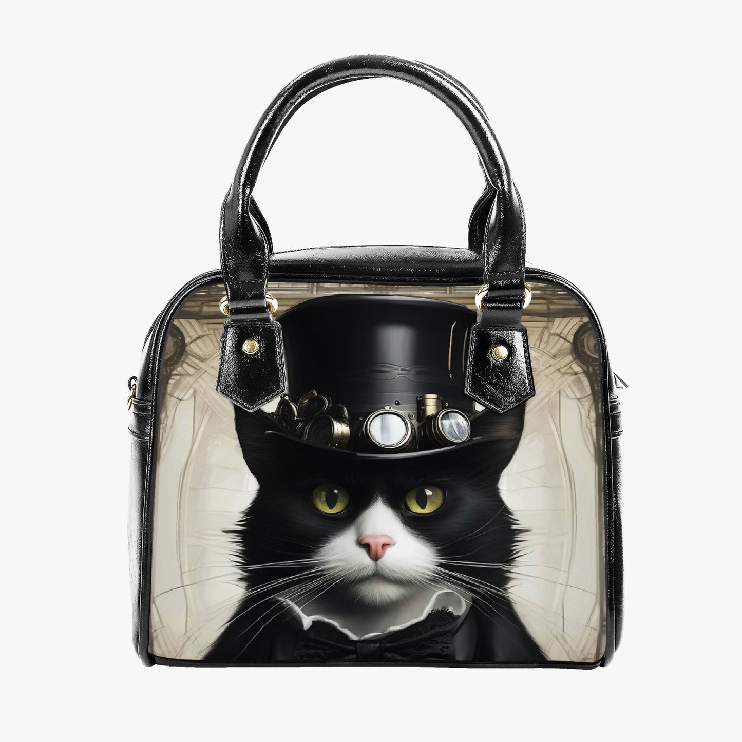 Steampunk Cat Shoulder Handbag - Steamcat Purse - Tuxedo Cat Fun Bag (JPHBSC)