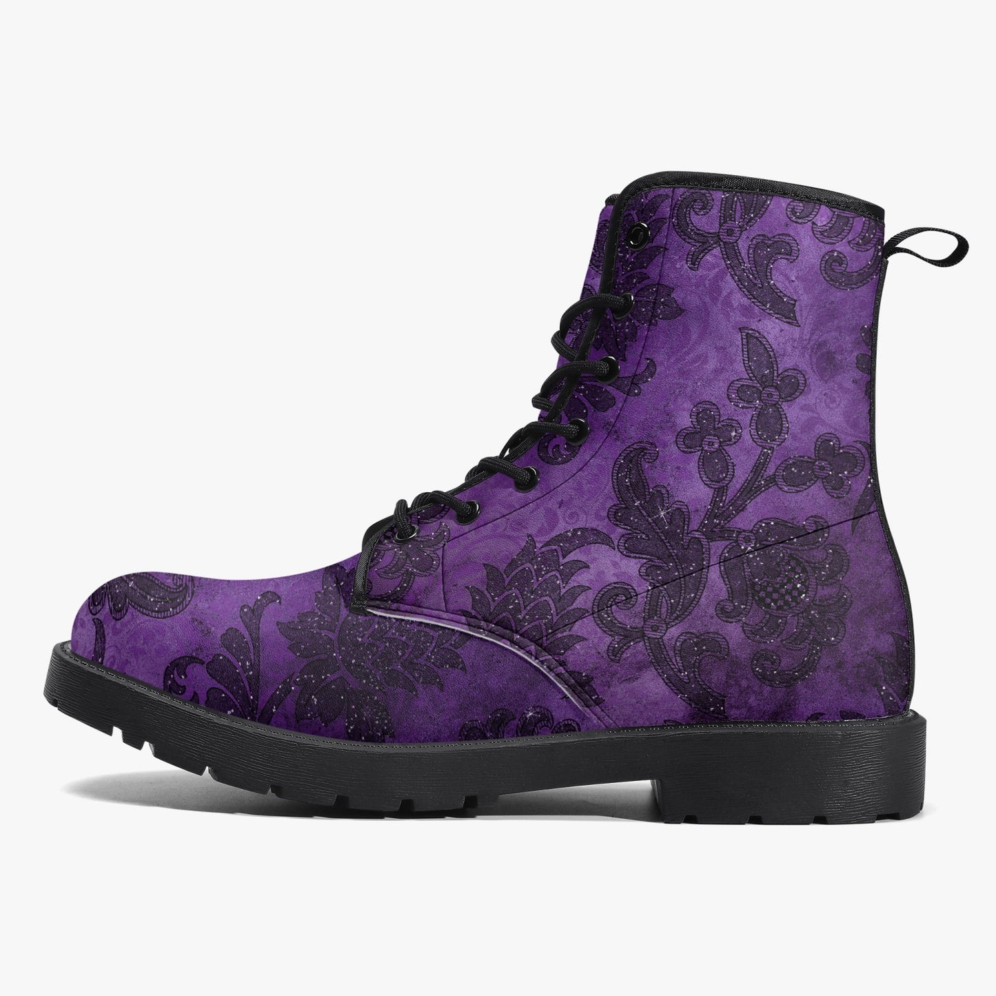 Purple Gothic Damask Pattern Combat Boots - Vegan Leather Purple boots (JPREG40)