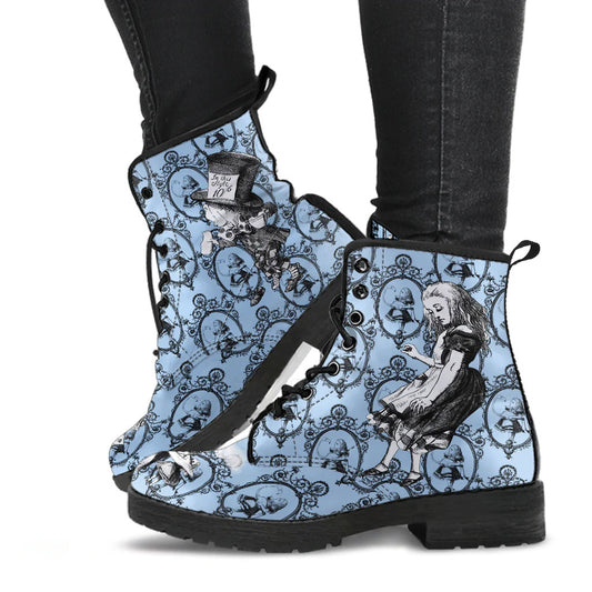 Blue Alice in Wonderland Mad Hatter Tea Party Combat Boots (JPREGMHT2)