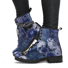 Gothic Skull and Raven Blue Lace Up Combat Boots  - Steampunk Blue Goth Boots (JPREG79a)