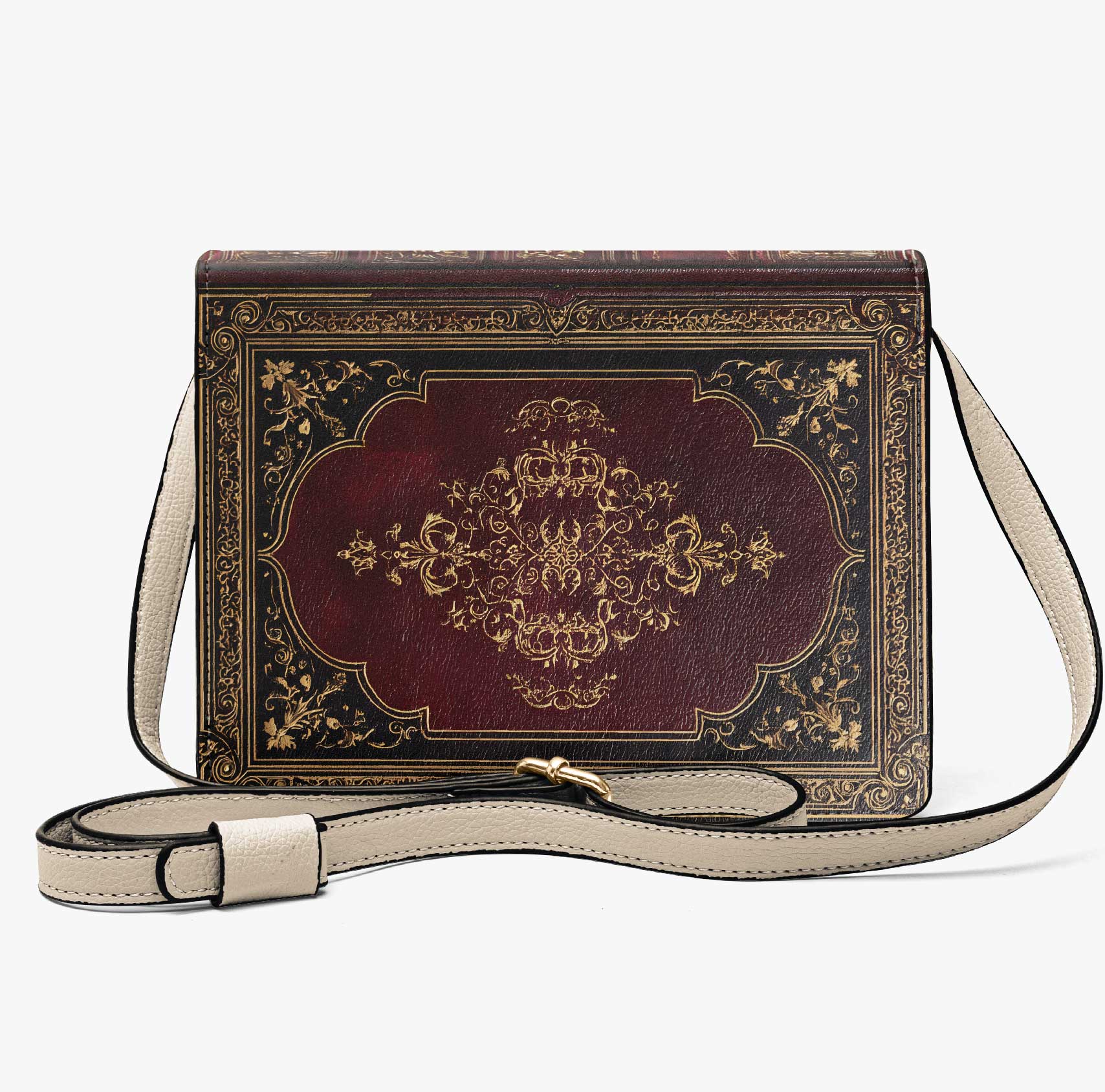 Decorative handbag with intricate gold patterns on a white background