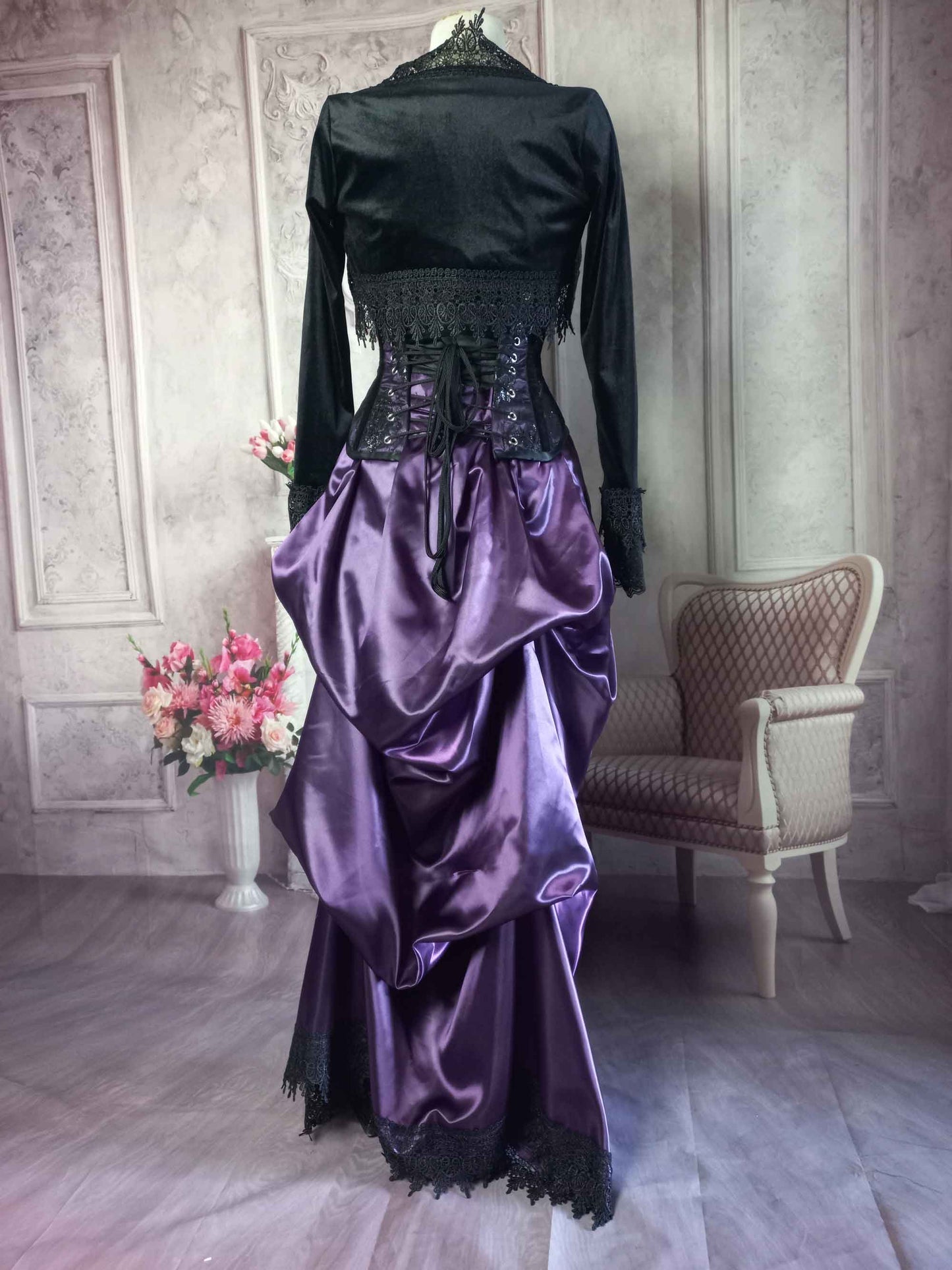 Amethyst Satin Victorian Bustle Skirt - Steampunk Bustle Skirt - Hi Lo Steampunk Cosplay Skirt
